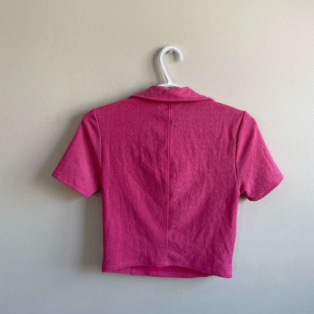 HOT PINK SHORT SLEEVE SKIRT SET DOLLS KILL SILVER ZIPPERS GLITTER STRETCH - Picture 9 of 17